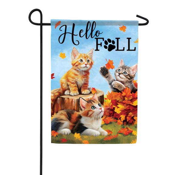 Carson Hello Fall Kittens Garden Flag, 12.5 x 18 inch Double Sided, Three Playful Cats Autumn Leaves Banner, Orange Tabby Calico Outdoor Decor, Fall Pet Thanksgiving Yard Decoration