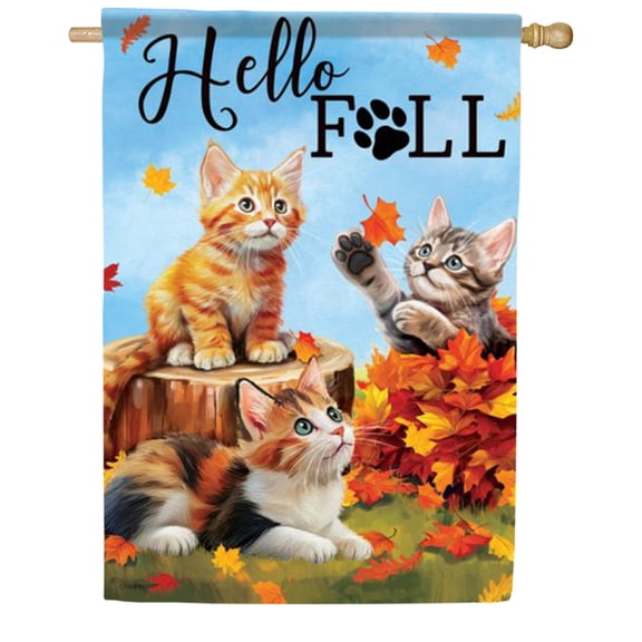 Carson Hello Kittens House Flag, 28 x 40 inch Double Sided, Three Playful Cats Autumn Leaves Banner, Orange Tabby Calico Outdoor Decor, Fall Pet Thanksgiving Yard Decoration