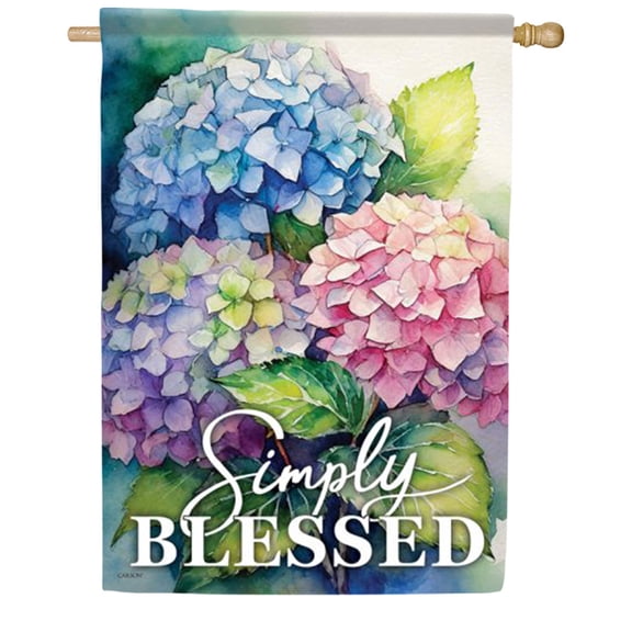 Carson Hydrangeas In Bloom House Flag, 28 x 40 inch Double Sided, Simply Blessed Banner, Purple Pink Blue Flowers Outdoor Decor, Inspirational Yard Decoration
