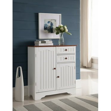 Carson Kitchen Pantry Sideboard Buffet Cabinet, White & Walnut Wood With Adjustable Shelves & Drawers, Contemporary, 29"W