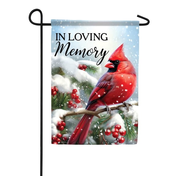 Carson In Loving Memory Garden Flag, 12.5 x 18 inch Double Sided, Cardinal Winter Snow Evergreen Banner, Christmas Memorial Seasonal Outdoor Decor, Cemetery Yard Decorations Remembrance