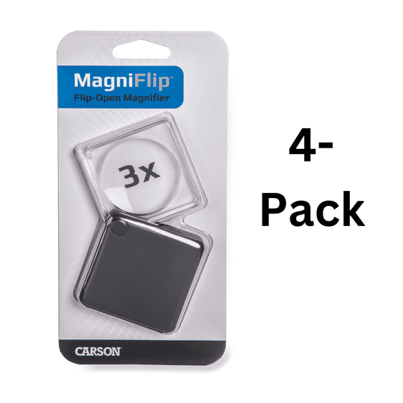 Carson MagniFlip 3x Flip-Open Pocket Magnifier with Built-In Protective Case, 4-Pack