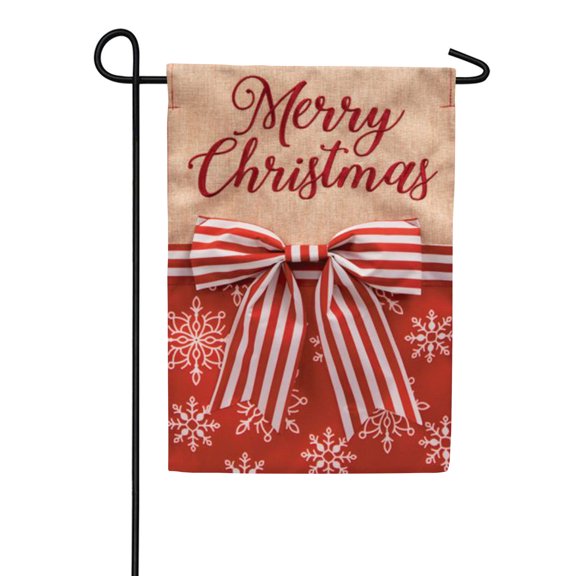 Carson Merry Bow Garden Flag, 12.5 x 18 inch Double Sided, Christmas Stripe Banner, Holiday Outdoor Decor, Red Snowflake Seasonal Yard Decoration