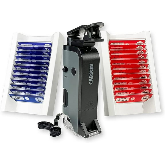 Carson MicroFlip 100x-250x LED Lighted Pocket Microscope Bundle with 24 Prepared Slides (MP-250BUN)