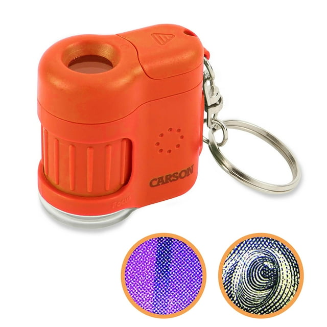 Carson MicroMini™ 20x LED Lighted Pocket Microscope with Built-In UV and LED Flashlight, Orange