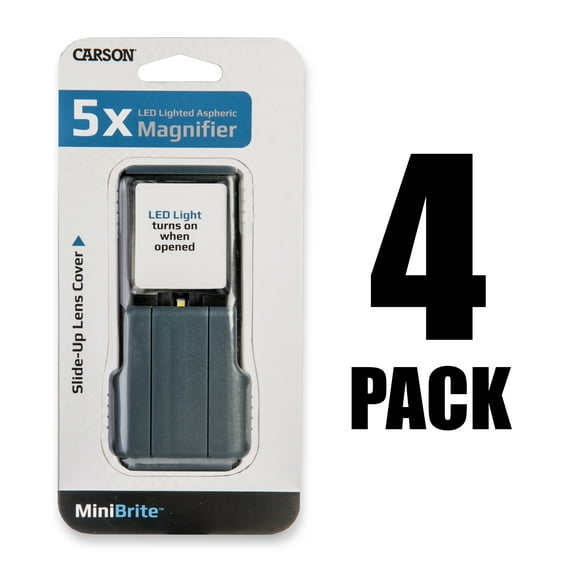 Carson MiniBrite Powerful 5x LED Compact Magnifier with Light & Protective Cover, Slide-Out Magnifying Glass - 4 Pack