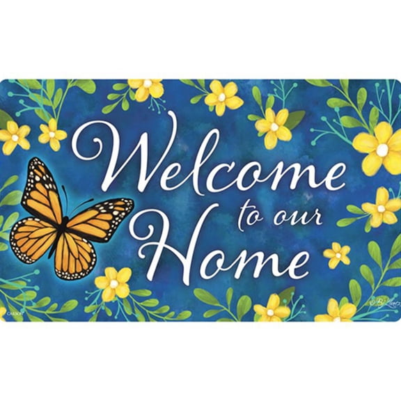 Carson Monarch Morning Doormat, 29 x 17 inch Welcome to Our Home Mat, Butterfly Yellow Flower Blue Background Design, Non Slip Rubber Backing Entry Door Mat, Indoor Outdoor Spring Summer Decoration