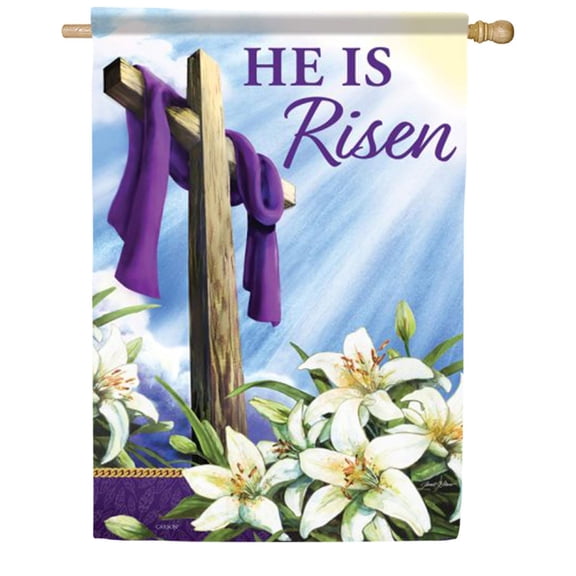 Carson He is Risen Easter Cross House Flag, 28 x 40 inch Double Sided, Religious Spring Banner, Purple Easter Lily Outdoor Decor, Christian Holiday Yard Decoration Faith