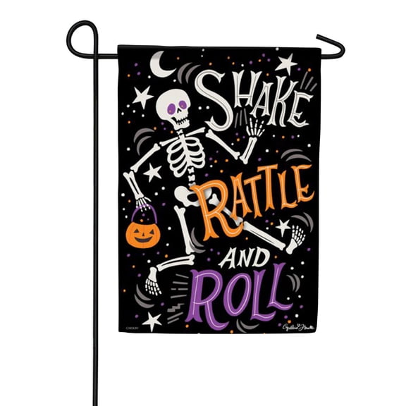 Carson Shake Rattle Roll Garden Flag, 12.5 x 18 inch Double Sided, Halloween Skeleton Banner, Dancing Skull Jack O Lantern Holiday Outdoor Decor, Spooky Seasonal Yard Decoration
