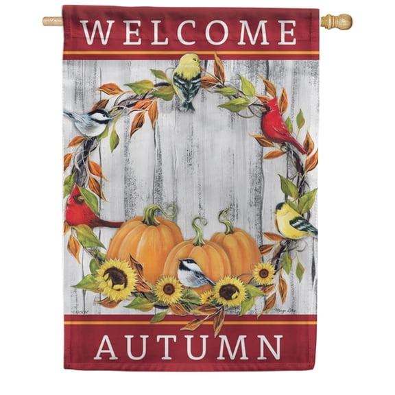 Carson Songbird Wreath House Flag, 28 x 40 inch Double Sided, Autumn Pumpkin Sunflower Banner, Welcome Fall Cardinal Outdoor Yard Decor, Harvest Thanksgiving Seasonal Decoration