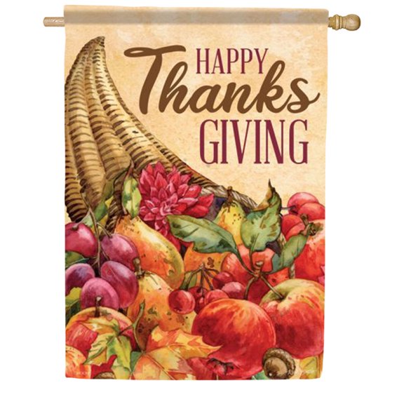 Carson Thanksgiving House Flag, 28 x 40 inch Double Sided, Happy Thanksgiving Cornucopia Banner, Harvest Apple Pumpkin Grape Abundance, Autumn Seasonal Outdoor Yard Decor