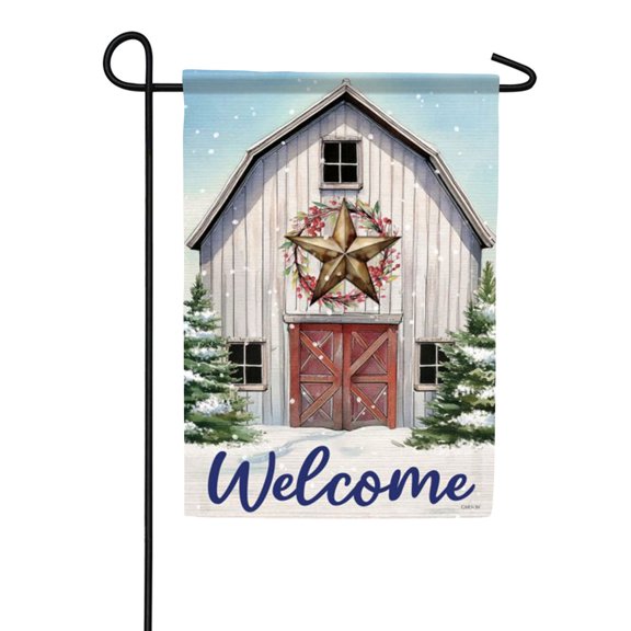 Carson Welcome Barn Garden Flag, 12.5 x 18 inch Double Sided, Rustic Farmhouse Banner, Star Wreath Christmas Seasonal Outdoor Decor, Red Berry Winter Yard Decoration