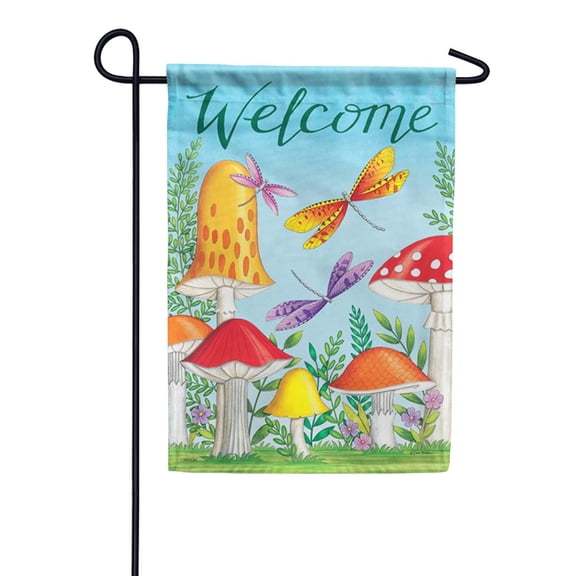 Carson Welcome Mushrooms Garden Flag, 12.5 x 18 inch Double Sided, Dragonfly Toadstool Banner, Whimsical Woodland Outdoor Decor, Spring Summer Fantasy Fairy Yard Decoration