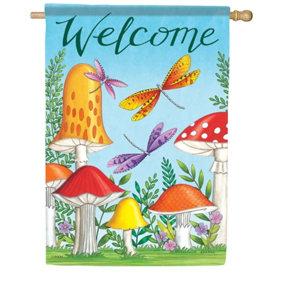 Carson Welcome Mushrooms House Flag, 28 x 40 inch Double Sided, Dragonfly Toadstool Banner, Whimsical Woodland Outdoor Decor, Spring Summer Fantasy Fairy Yard Decoration
