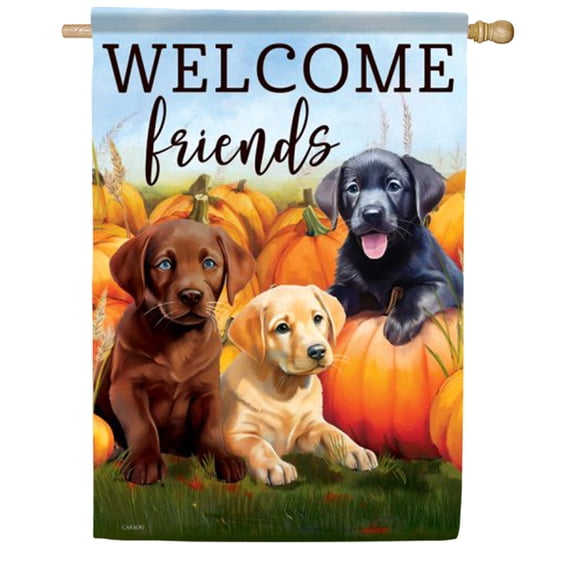 Carson Welcome Pups House Flag, 28 x 40 inch Double Sided, Three Labrador Puppies Harvest Banner, Autumn Pumpkin Wheat Outdoor Decor, Fall Dog Thanksgiving Yard Decoration