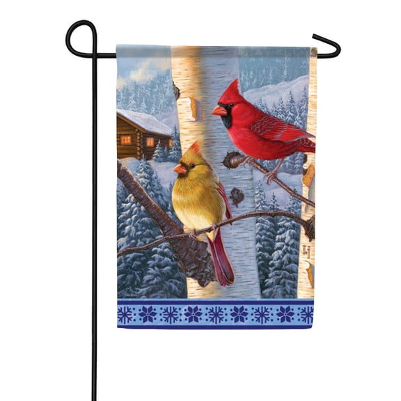 Carson Winter Cardinal Cabin Garden Flag, 12.5 x 18 inch Double Sided, Bird Log House Banner, Mountain Pine Seasonal Outdoor Decor, Snow Landscape Yard Flag