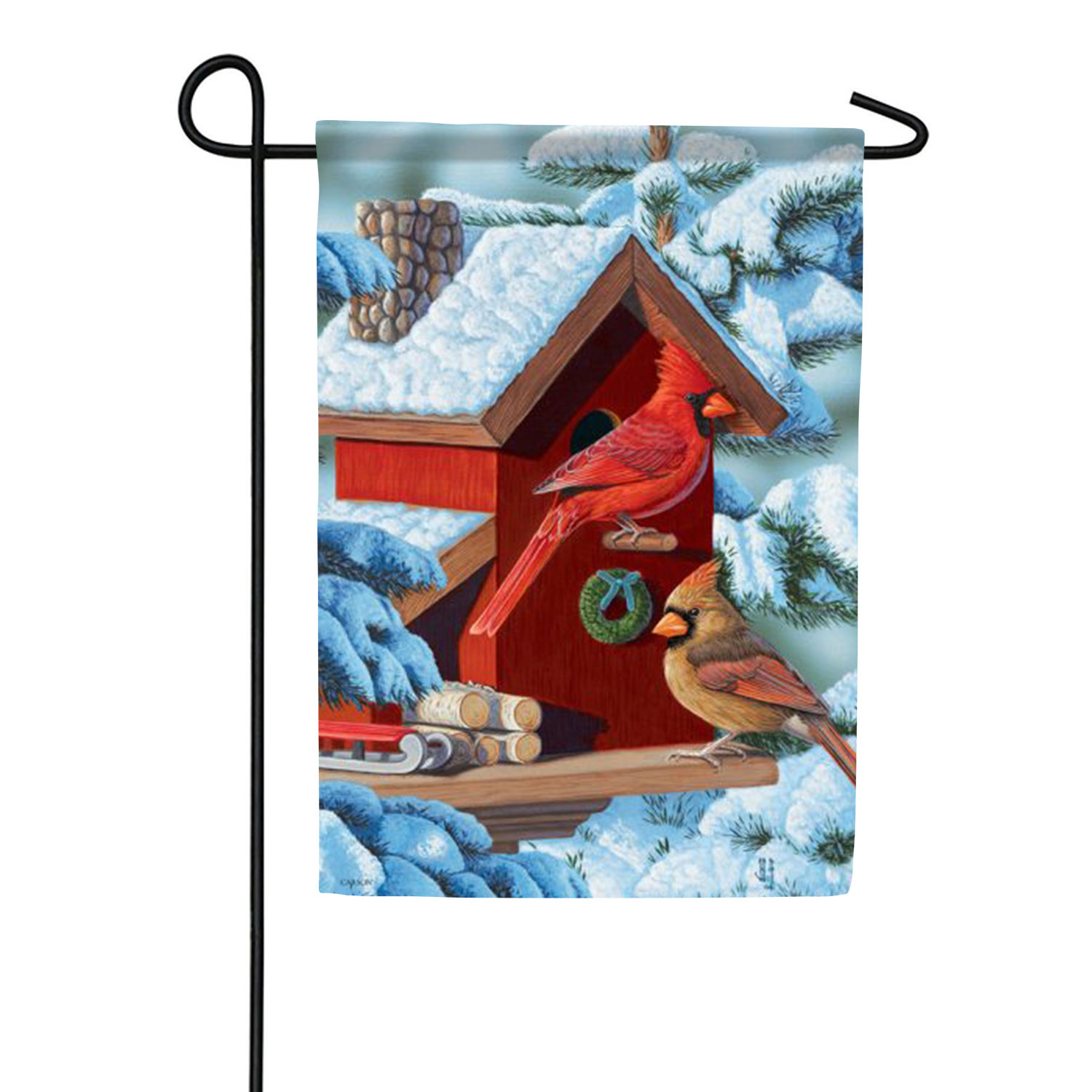 Carson Winter Cardinals House Garden Flag, 12.5 x 18 inch Double Sided, Bird Birdhouse Wreath Banner, Pine Cone Berry Seasonal Outdoor Decor, Holiday Yard Flag