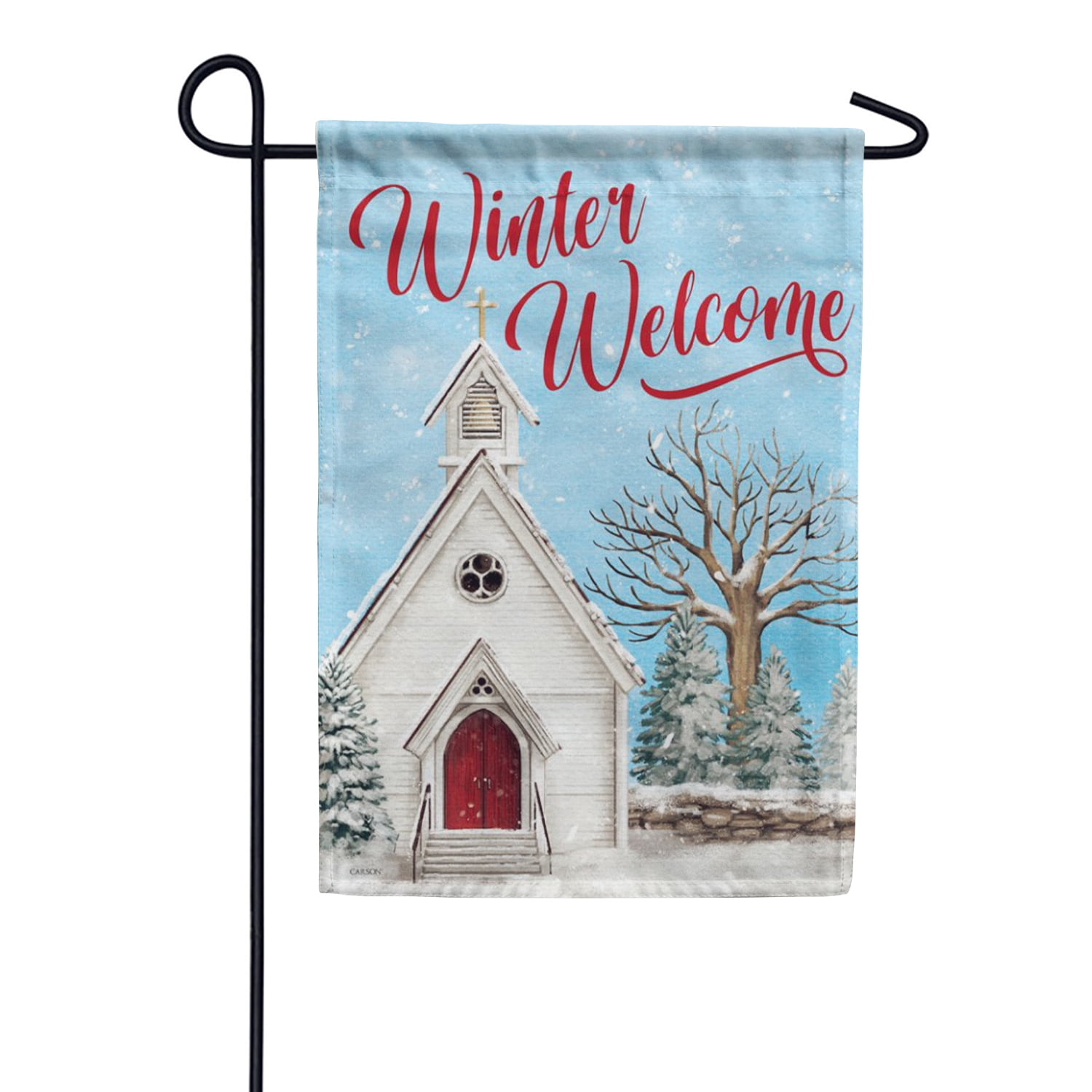 Carson Winter Church Welcome Garden Flag, 12.5 x 18 inch Double Sided, Snowy Church Scene Banner, Christmas Holiday Seasonal Outdoor Decor, Religious Faith Yard Flag
