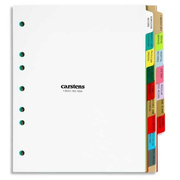 Carstens Heavy Duty Plastic Dialysis Divider Set, 16-Tab, Multi-Color, for Side-Opening 3-Ring and 5-Ring Binders