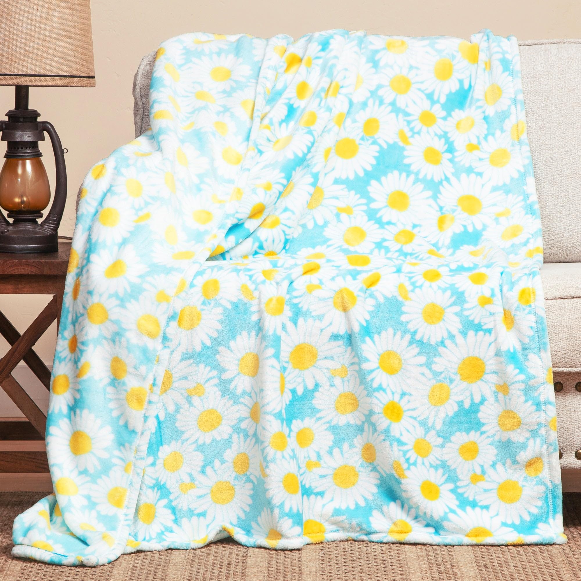 Light Blue Daisy Floral Sherpa Reversible Throw Blanket