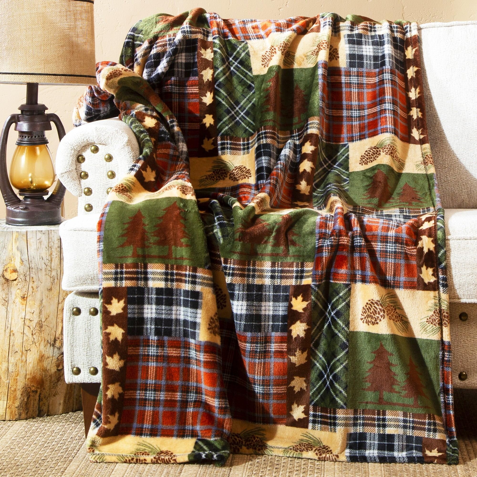 Rustic Plaid Fleece Sherpa Reversible Throw Blanket