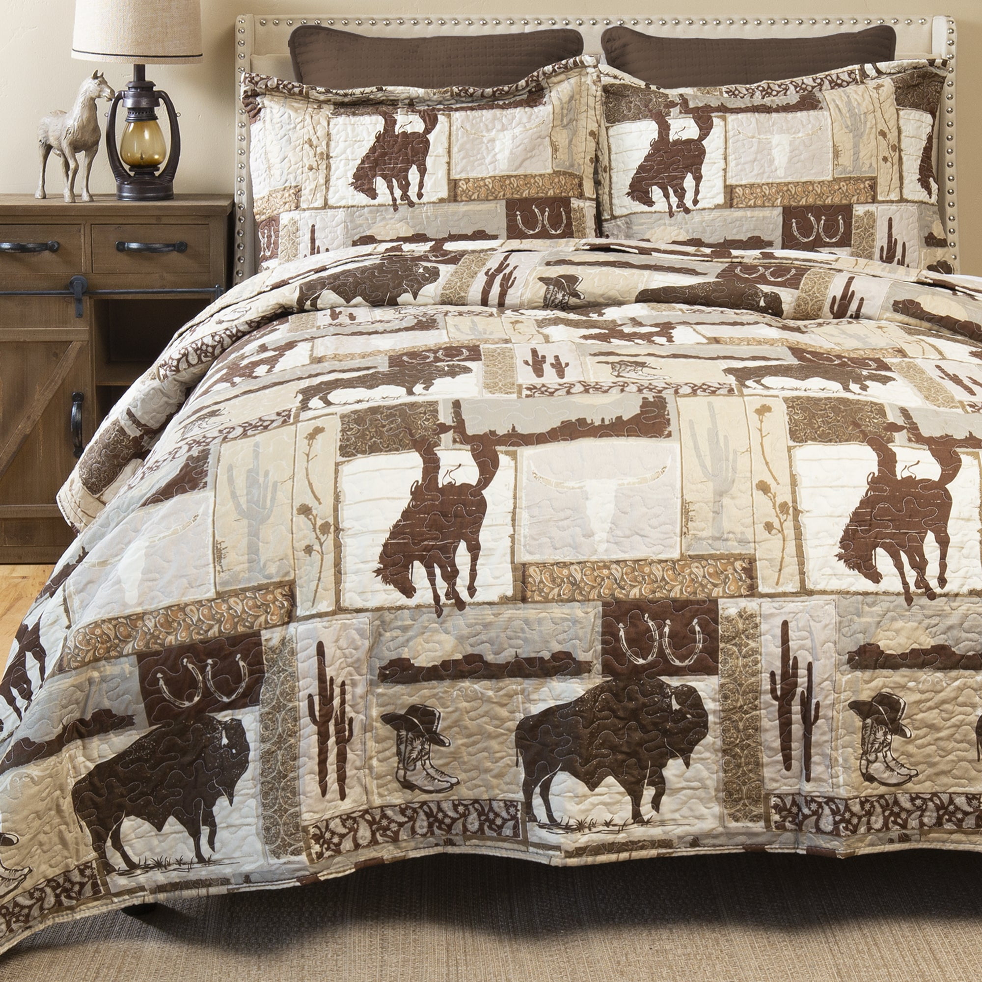 Western Cowboy Brown Microfiber Twin Quilt Set