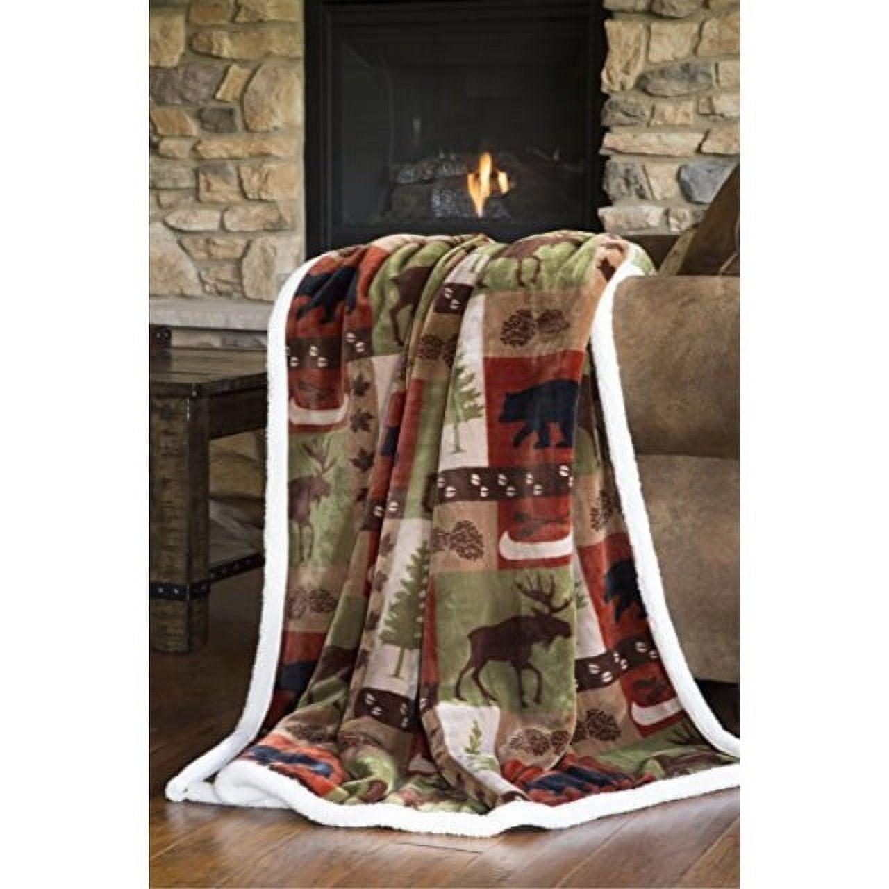 Carstens Patchwork Lodge Soft Sherpa Plush Throw Blanket, Multi