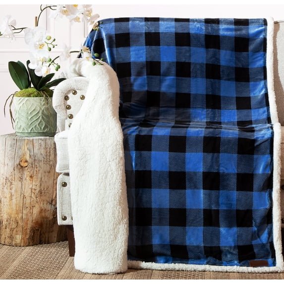 Carstens, Inc. Wrangler Ultra Premium Super Soft Plush Sherpa Fleece Oversized Throw Blanket 54" x 68", Blue Buffalo Plaid