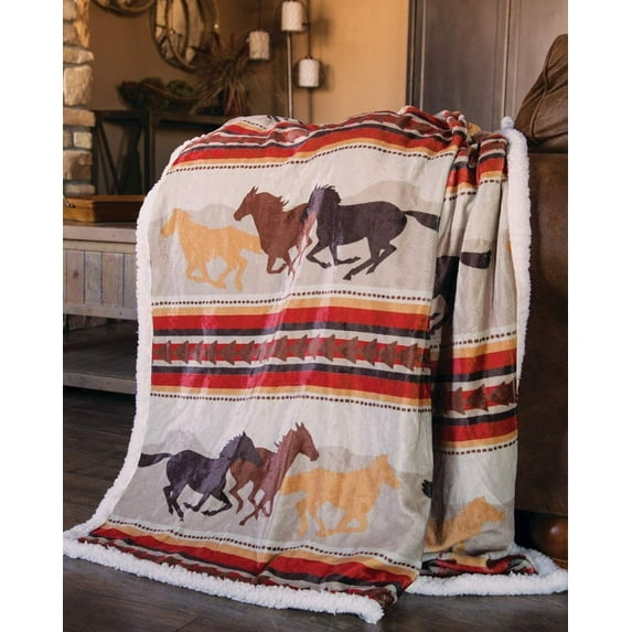 Carstens INC Wrangler Running Horse Country Sherpa Fleece Throw Blanket Brown One Size