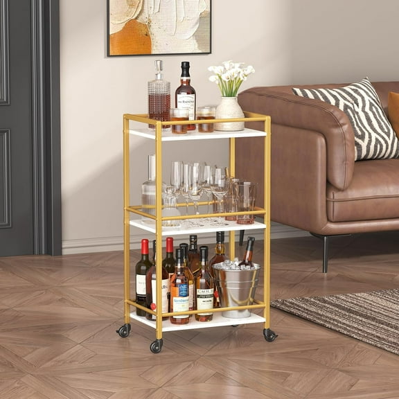 Cart for The Home, 3 Tier Small Rolling Wine Cart, Drink Serving Cart with Lockable Wheels, Mini Liquor Utility Cart for Kitchen Dining Living Room, 17" x 11.8" x 32.1", Gold