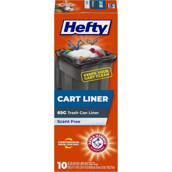 Cart Liner Trash Bags, 65 Gallon, 10 Bags (Scent Free, ARM & HAMMER Odor Control, Drawstring)