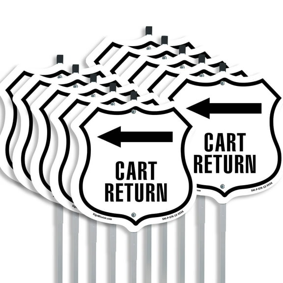Cart Return Left (10 Pack) 12 inch X 12 inch Shield Shaped Commercial Grade Plastic Signs with Aluminum Mounting Stakes Weather Resistant Made in the USA