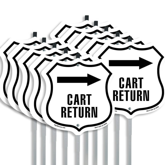 Cart Return Right (10 Pack) 12 inch X 12 inch Shield Shaped Commercial Grade Plastic Signs with Aluminum Mounting Stakes Weather Resistant Made in the USA