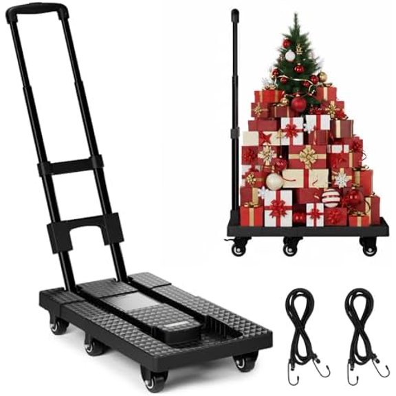 Cart with Wheels 440lbs, Folding Hand  with 6 TPE Wheels (2 with Brakes) & 21 in Extendable Full Platform, Foldable Cart with 2 Elastic Straps for Easy Moving, Travel, and Storage, Black