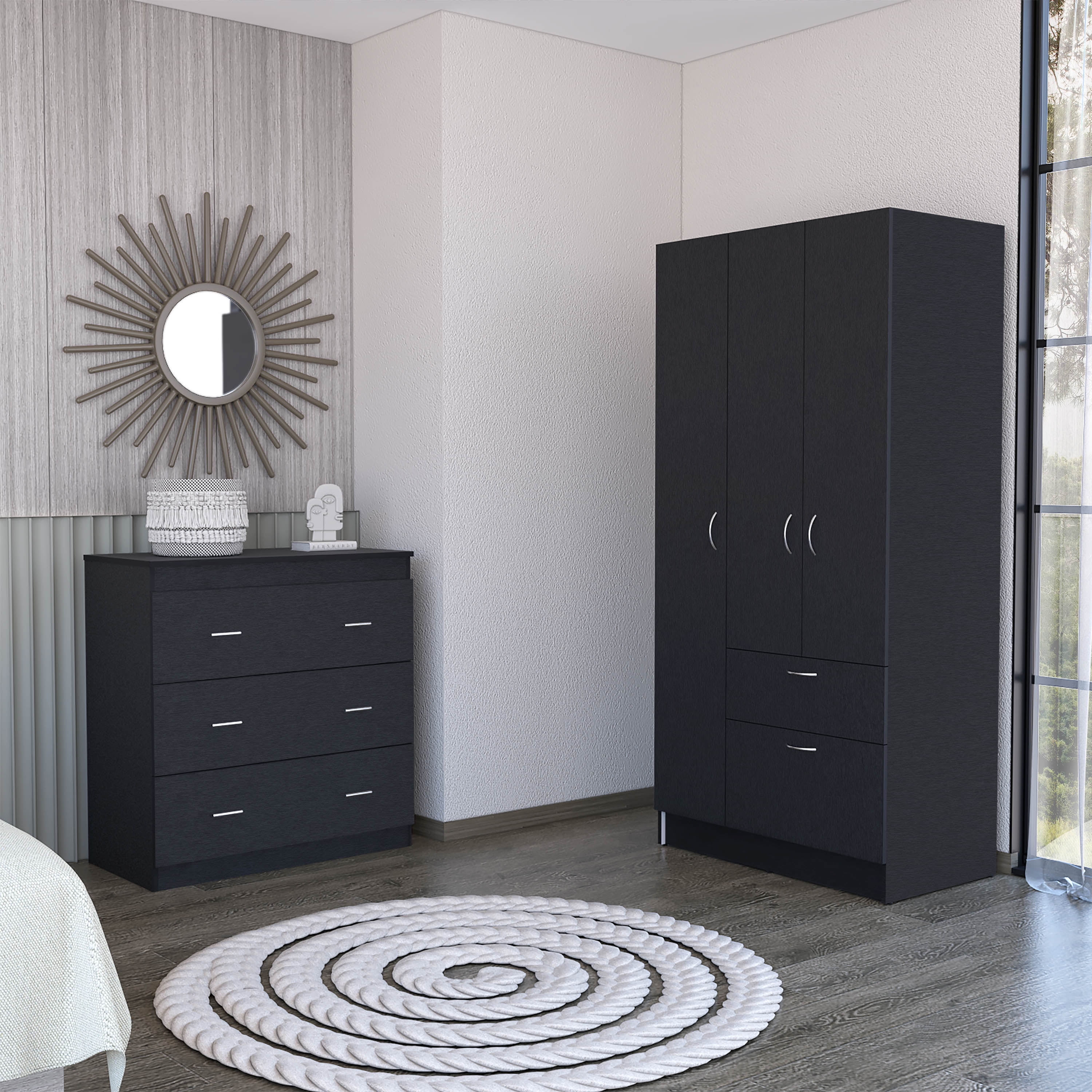 Cartagena Armoire + Capri 3 Drawer Dresser 2 Piece Bedroom Set, Black