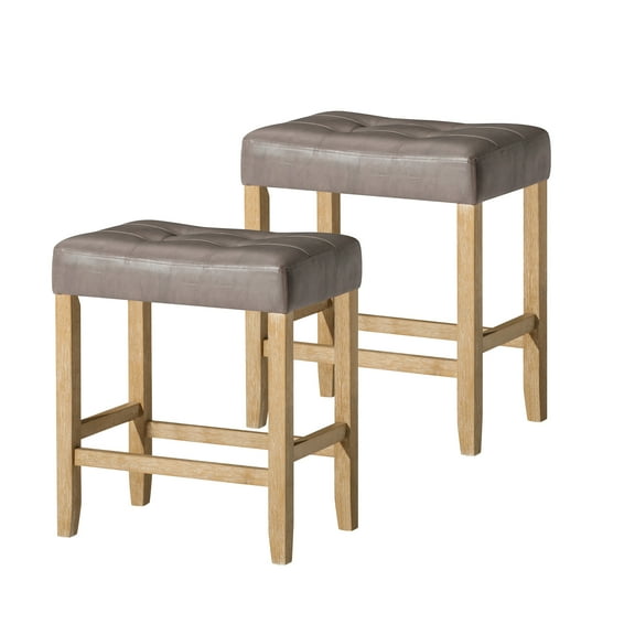 Open Box Carte: Stool in Weathered Oak Wood Finish w/Grey Vegan Leather, Set 2