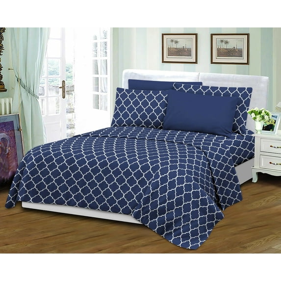 Carter 6 PC Sheet Set Quatrefoil Geometric Bedding, Ultra Soft Double Brushed Microfiber Fabric - King Navy