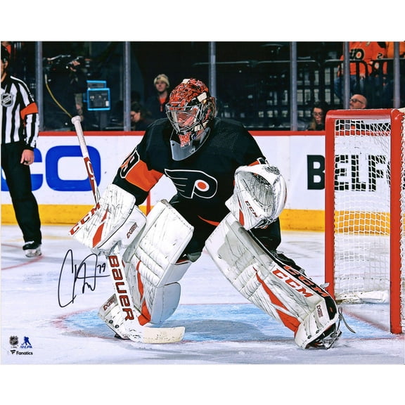 Carter Hart Philadelphia Flyers Autographed 16" x 20" Black Alternate Jersey In Net Photograph - Fanatics Authentic Certified