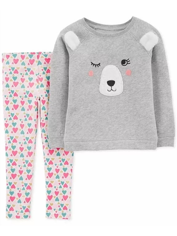 2-Piece Bear Fleece Top & Floral Legging Set Girls 12 Month Gray