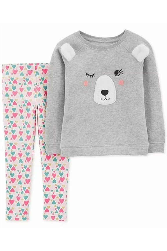 2-Piece Bear Fleece Top & Floral Legging Set Girls 12 Month Gray