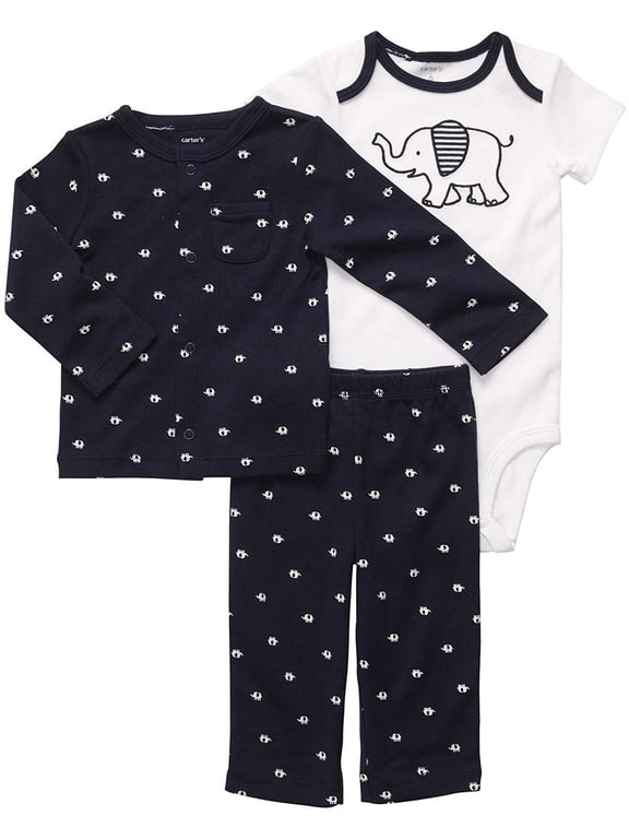 3 Pc Cardigan Set - Navy Elephant- 3 Months