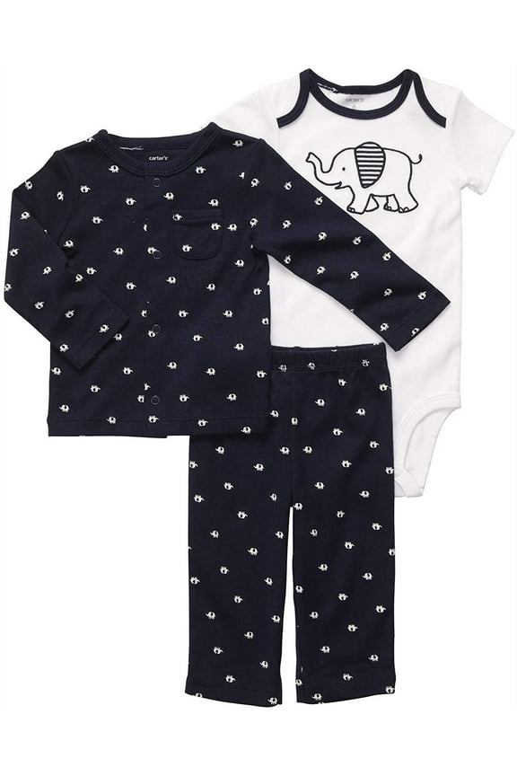 3 Pc Cardigan Set - Navy Elephant- 3 Months