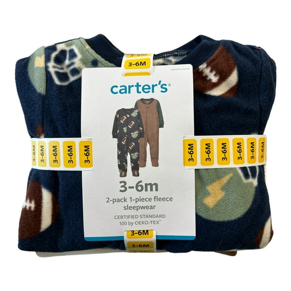 Carter's Baby Boy's 2-Pairs Fleece Footed One-Piece Full-Zip Pajamas (Football/Brown, 18M)