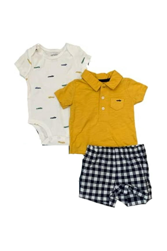 Baby Boy's 4 Piece Clothing Set, 1 Bodysuit, 1 Polo Shirt, 1 Shorts Yellow, Blue Cars 3M