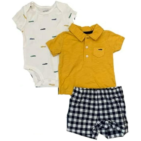Carter's Baby Boy's 4 Piece Clothing Set, 1 Bodysuit, 1 Polo Shirt, 1 Shorts Yellow, Blue Cars 6M