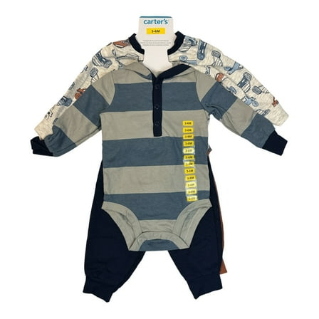 Carter's Baby Boy's 4-Piece Long Sleeve Bodysuits & Jogger Pants Set (Navy/Brown/Cars, 3-6M)