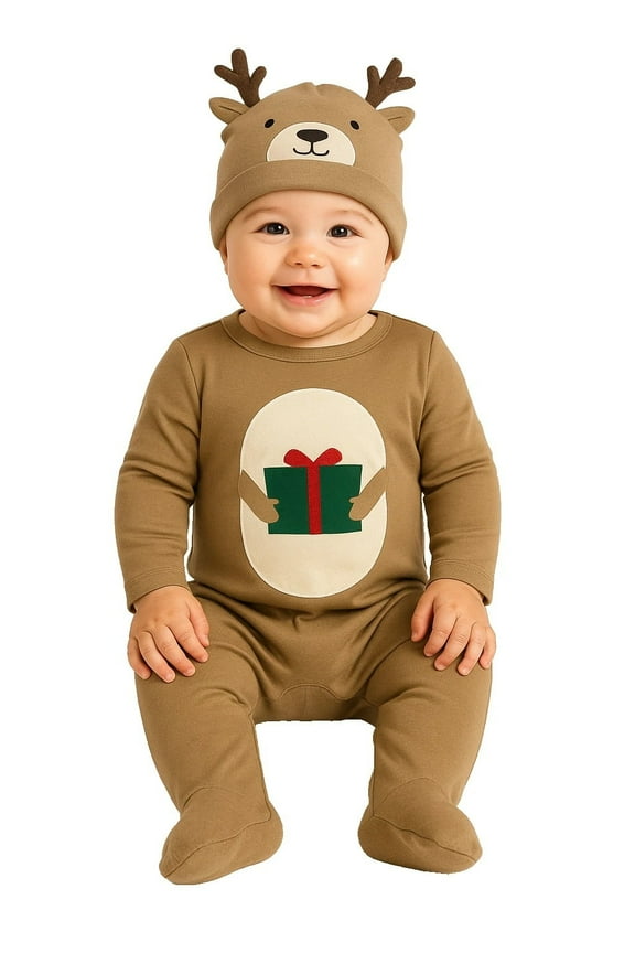 Baby Boys 2-Piece Reindeer Coverall & Hat Set for Christmas 3Months Brown