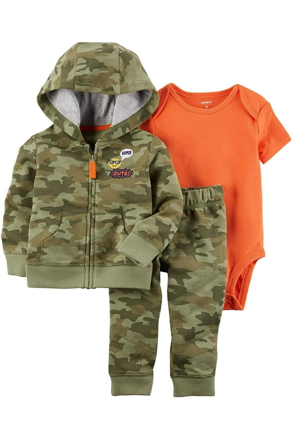 Baby Boys 3 Piece Cardigan Bodysuit and Pants Set, Camo Emoji, Newborm