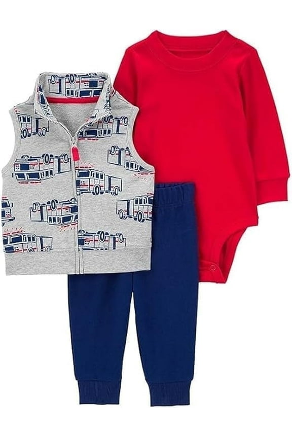 Baby Boys' 3 Piece Plaid Patch Little Vest Set (Firetruck Firetruck Heather/Navy/Red, 3 Months)