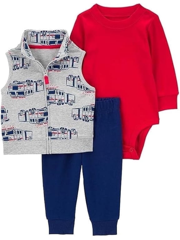 Baby Boys' 3 Piece Plaid Patch Little Vest Set (Firetruck Firetruck Heather/Navy/Red, 3 Months)